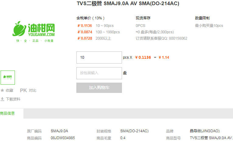 晶导微TVS二极管SMAJ9.0A AV SMA(DO-214AC)型号详情