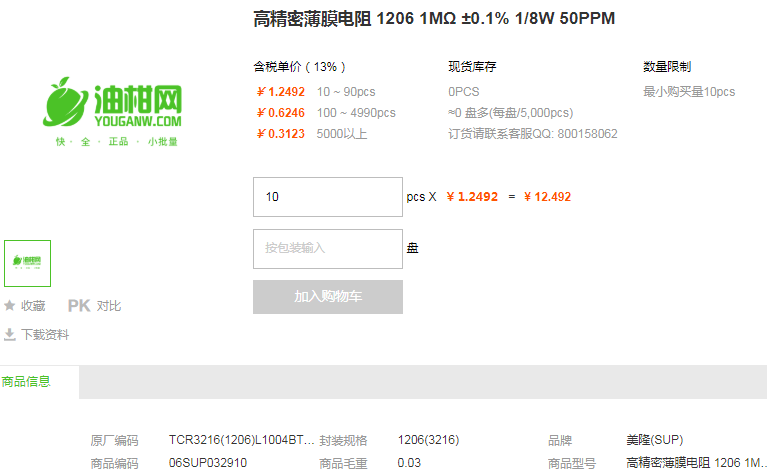 美隆高精密薄膜电阻1206 1MΩ ±0.1% 1/8W 50PPM详情