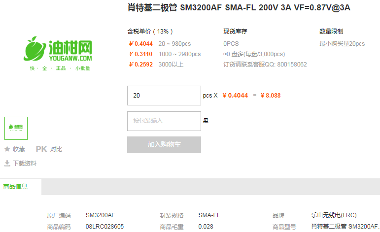 乐山无线电肖特基二极管SM3200AF SMA-FL 200V 3A VF=0.87V@3A详情