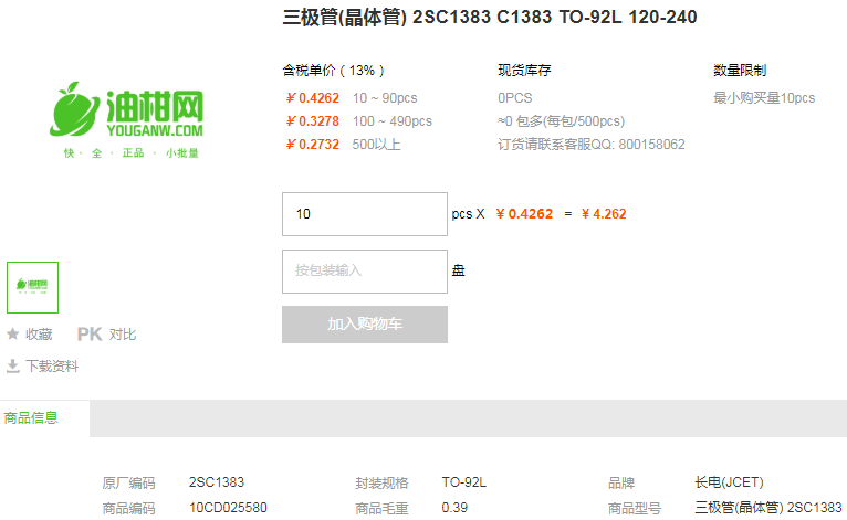 长电三极管(晶体管)2SC1383 C1383 TO-92L 120-240详情