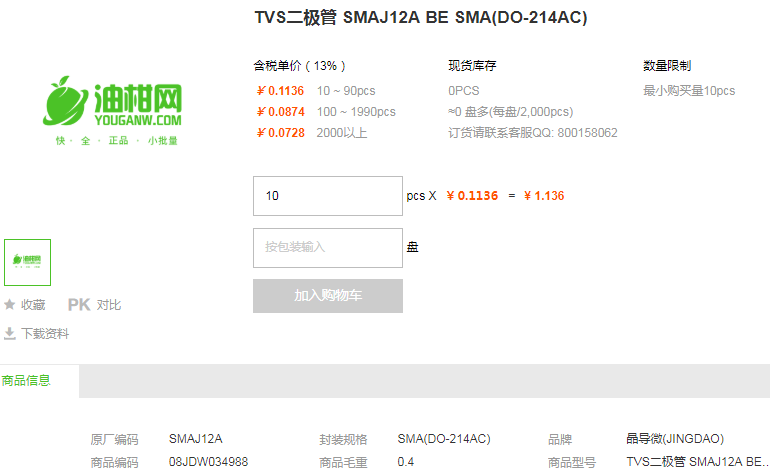 晶导微TVS二极管SMAJ12A BE SMA(DO-214AC)详情
