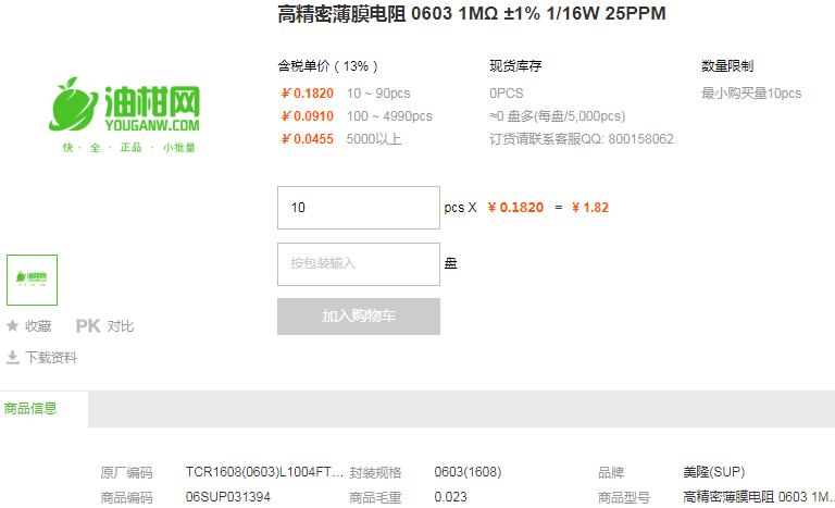 美隆高精密薄膜电阻0603 1MΩ ±1% 1/16W 25PPM型号详情