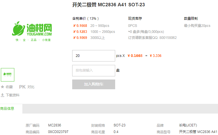 长电开关二极管MC2836 A41型号详情