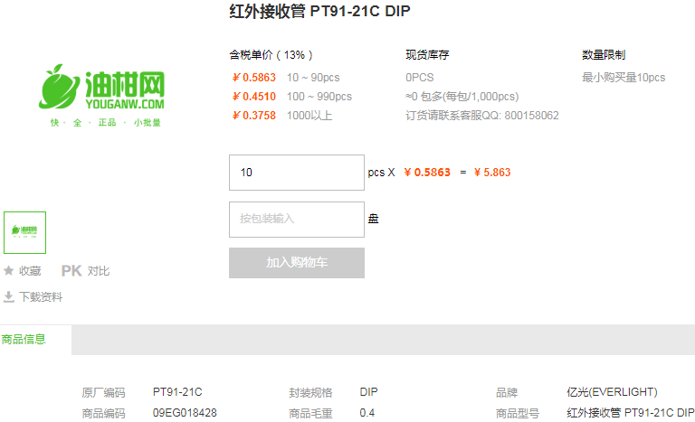 亿光红外接收管PT91-21C DIP型号详情