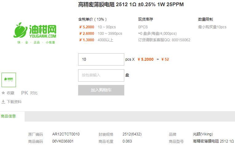 光颉高精密薄膜电阻2512 1Ω ±0.25% 1W 25PPM型号详情