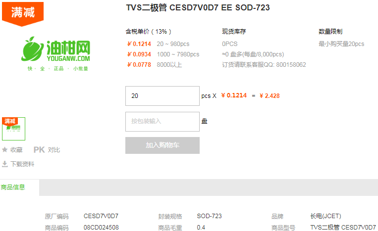 长电TVS二极管_TVS二极管CESD7V0D7型号详情