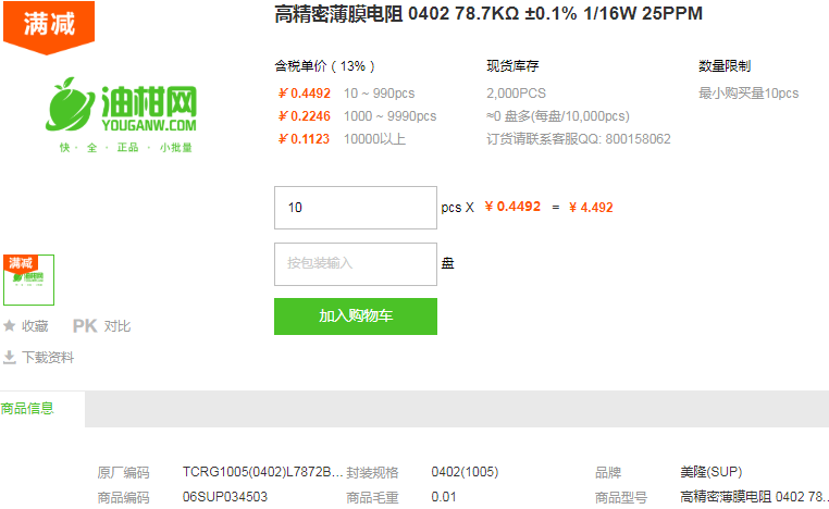 美隆高精密薄膜电阻0402 78.7KΩ ±0.1% 1/16W 25PPM型号详情